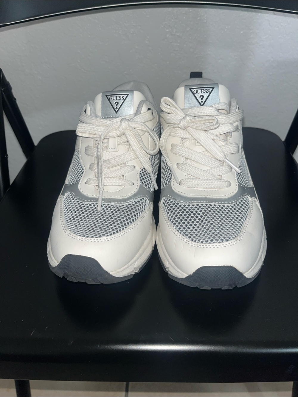 GUESS White and Silver Women's Chunky Lace-Up Sneakers - Picture 2 of 6